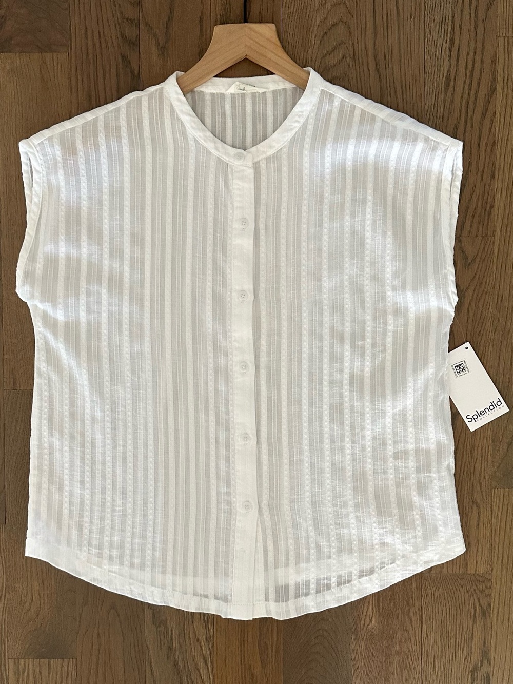 NWT Splendid Sheer Stripe Button Front Short Sleeve Top in White Small